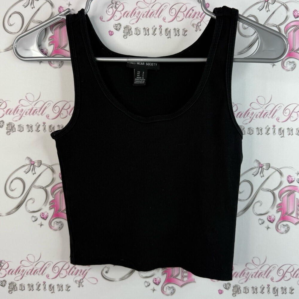 Streetwear Society cropped tank shirt ribbed basic  stretchy Black Tank Top